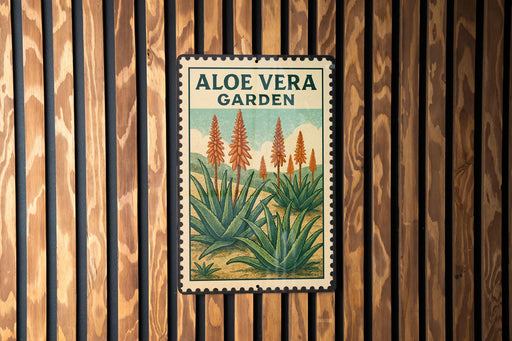 A vintage-style aloe vera garden sign is displayed on a wooden wall, featuring illustrations of aloe vera plants.