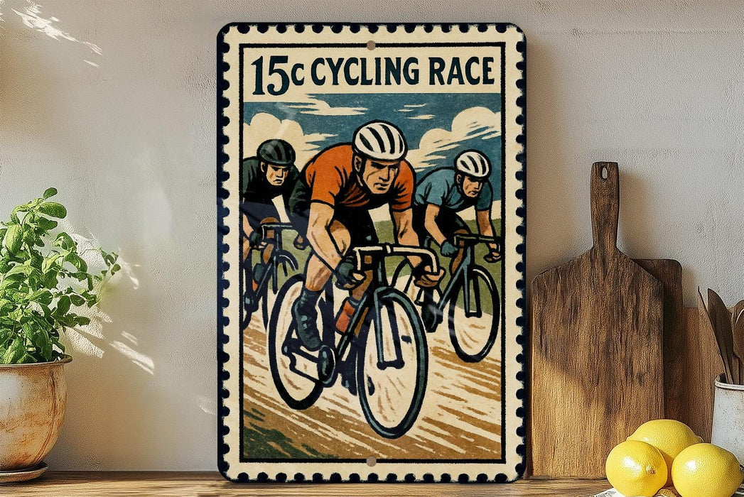 A vintage-style metal sign depicting three cyclists racing, with the text "15c cycling race" prominently displayed.