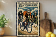 A vintage-style metal sign depicting three cyclists racing, with the text "15c cycling race" prominently displayed.