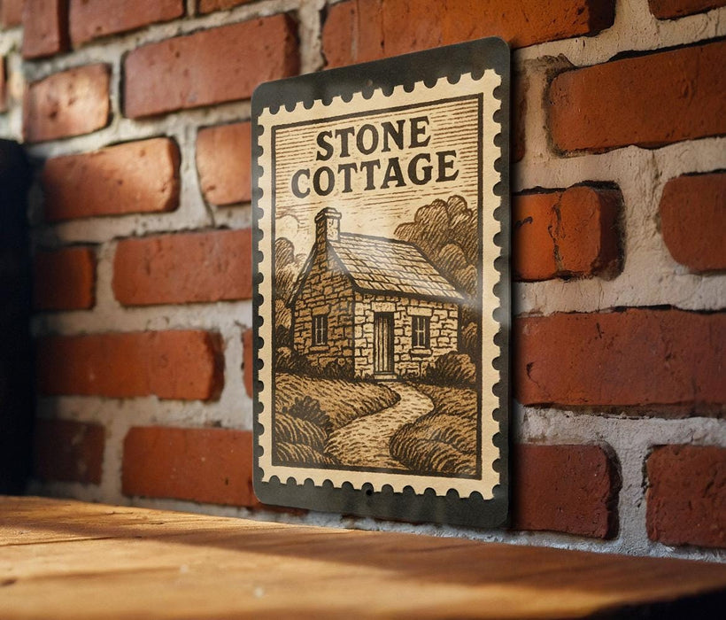 A vintage-style metal sign with a brick wall backdrop, featuring an illustration of a cottage and a path leading to it.