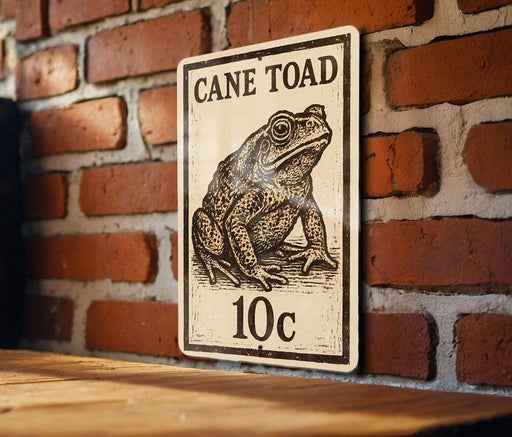 A sign featuring a toad illustration and the text "CANE TOAD 10c" is displayed on a brick wall.