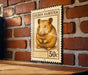 A wooden table with a brick wall in the background.