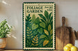 a vintage-style metal sign with a green and white color scheme, displaying the text "FOLIAGE GARDEN fore 30 USA" and an illustration of various plants and leaves. The sign is placed on a wooden surface, with a potted plant to the left and a wooden cutting board to the right. There are also some lemons visible in the image.
