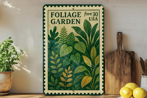 a vintage-style metal sign with a green and white color scheme, displaying the text "FOLIAGE GARDEN fore 30 USA" and an illustration of various plants and leaves. The sign is placed on a wooden surface, with a potted plant to the left and a wooden cutting board to the right. There are also some lemons visible in the image.