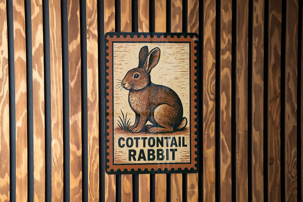 A sign featuring a cartoon image of a rabbit, with the text "COTTONTAL RABBIT" below it.