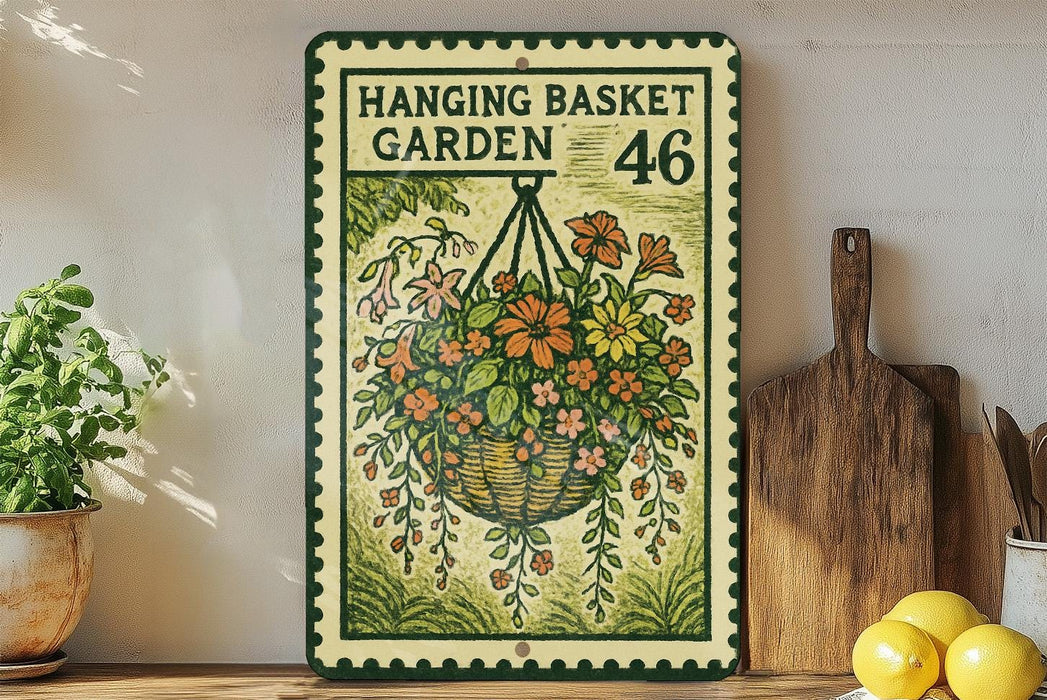 a hanging basket garden sign with a basket filled with flowers, placed on a shelf next to a wooden cutting board and some potted plants.