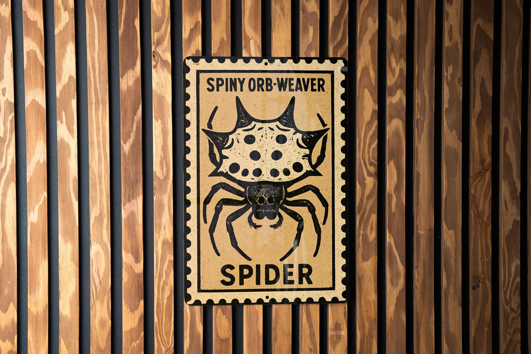 a sign with a spider on it, mounted on a wooden wall.