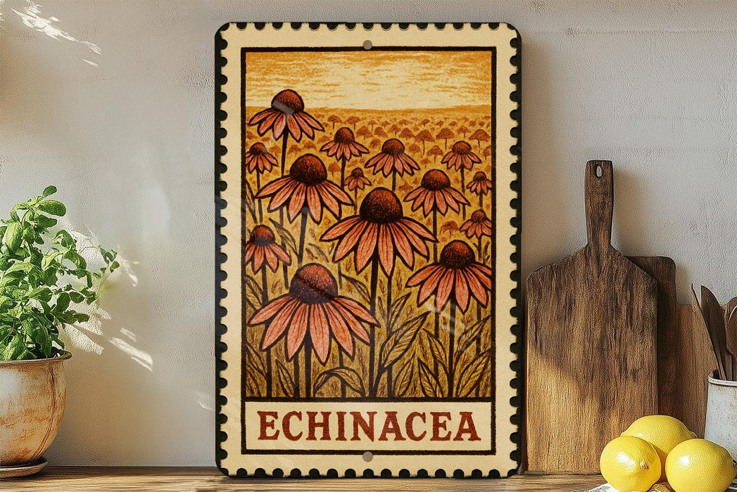 a framed print of a field of flowers with the word "ECHINACEA" written on it, placed on a shelf next to a wooden cutting board and some lemons.