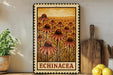 a framed print of a field of flowers with the word "ECHINACEA" written on it, placed on a shelf next to a wooden cutting board and some lemons.