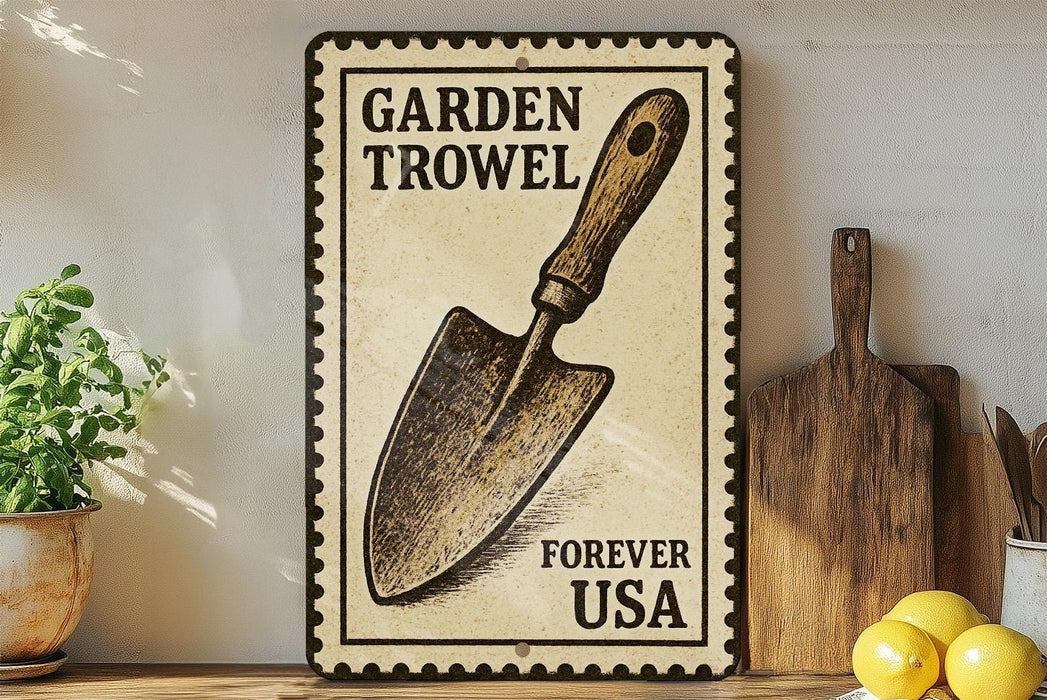 A vintage-style metal sign with a shovel illustration, placed on a wooden shelf next to a potted plant and kitchen utensils.
