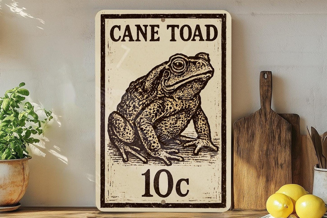 a sign with a drawing of a cane toad, placed on a wooden surface next to a potted plant and a wooden cutting board.
