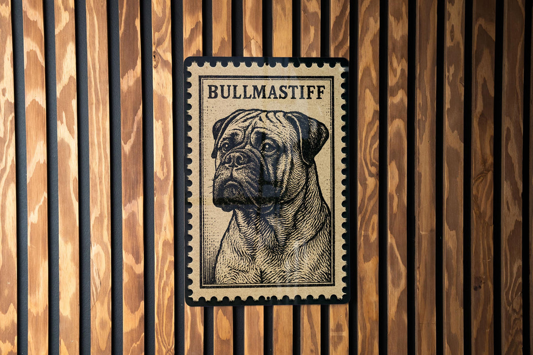 A bull mastiff dog is depicted on a wooden surface, with a postage stamp-like design above it.