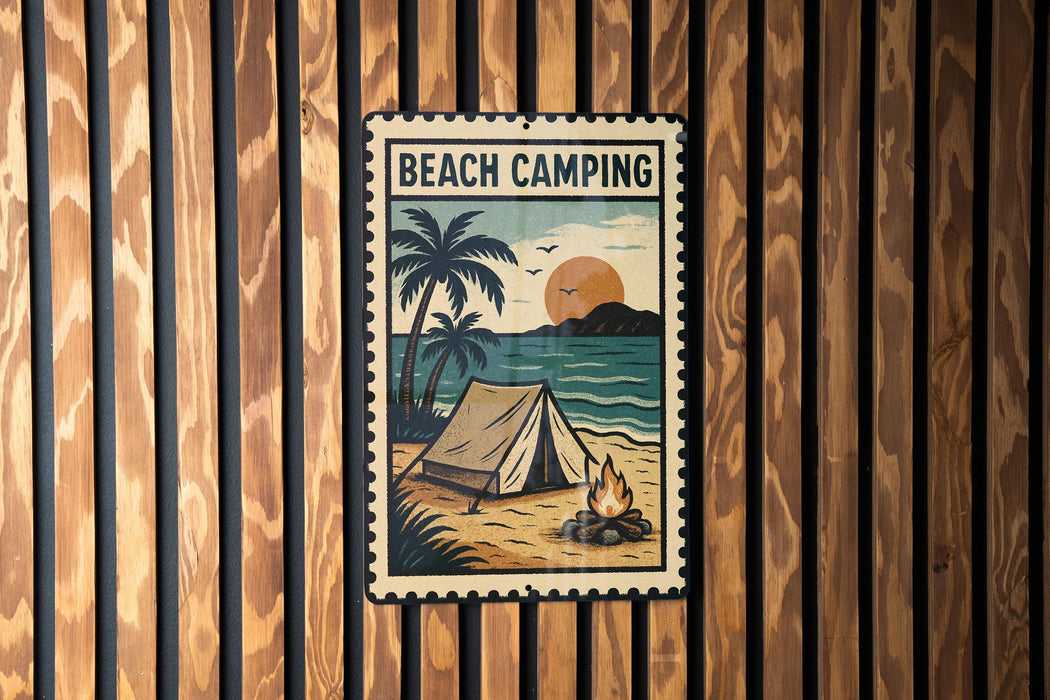 A vintage-style metal sign with a beach camping scene, featuring a tent, palm trees, and a campfire, is displayed on a wooden wall.