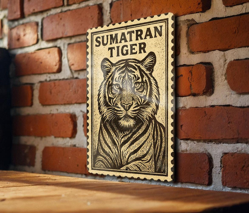 a wooden table with a framed poster of a tiger on it, mounted on a brick wall.