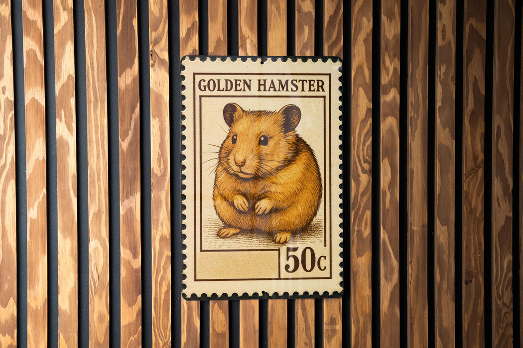 A postage stamp featuring a golden hamster, with the text "GOLDEN HAMSTER" and "50c" printed on it.