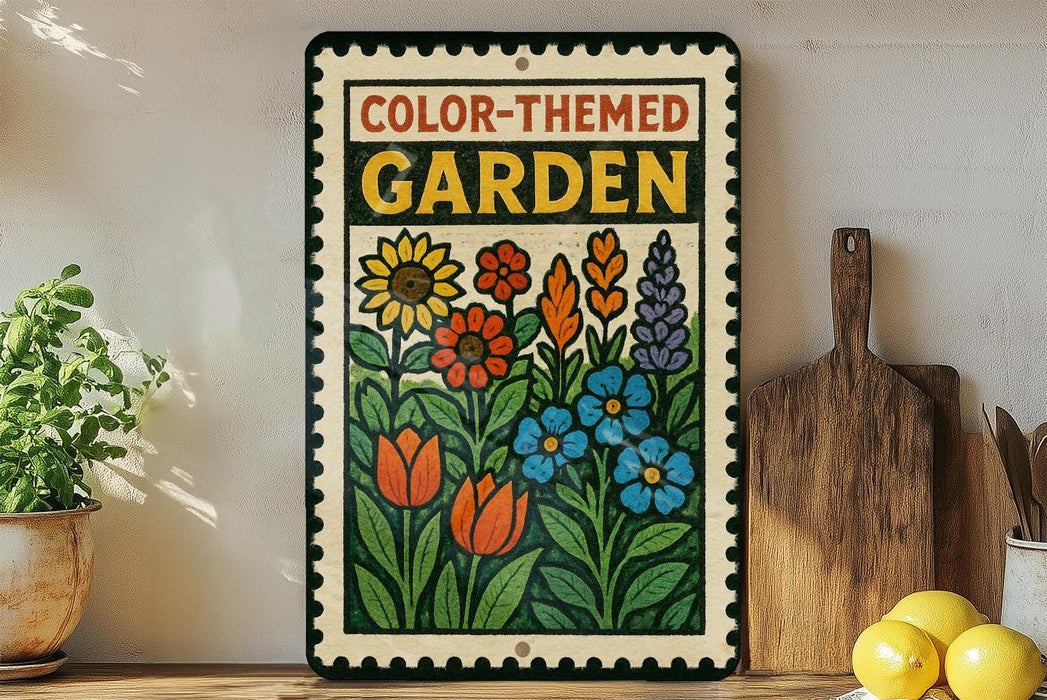 A colorful garden-themed sign with a variety of flowers and plants displayed on a shelf, accompanied by a wooden cutting board and some lemons.