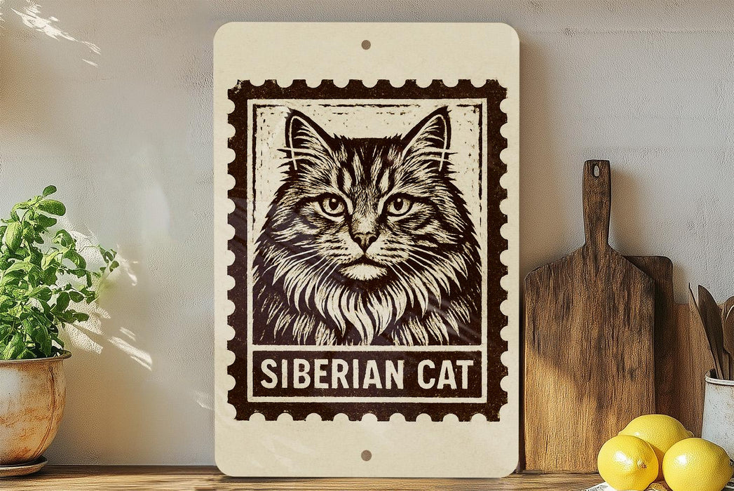 A wooden shelf displaying a framed image of a Siberian cat, a potted plant, a wooden cutting board, and some lemons.