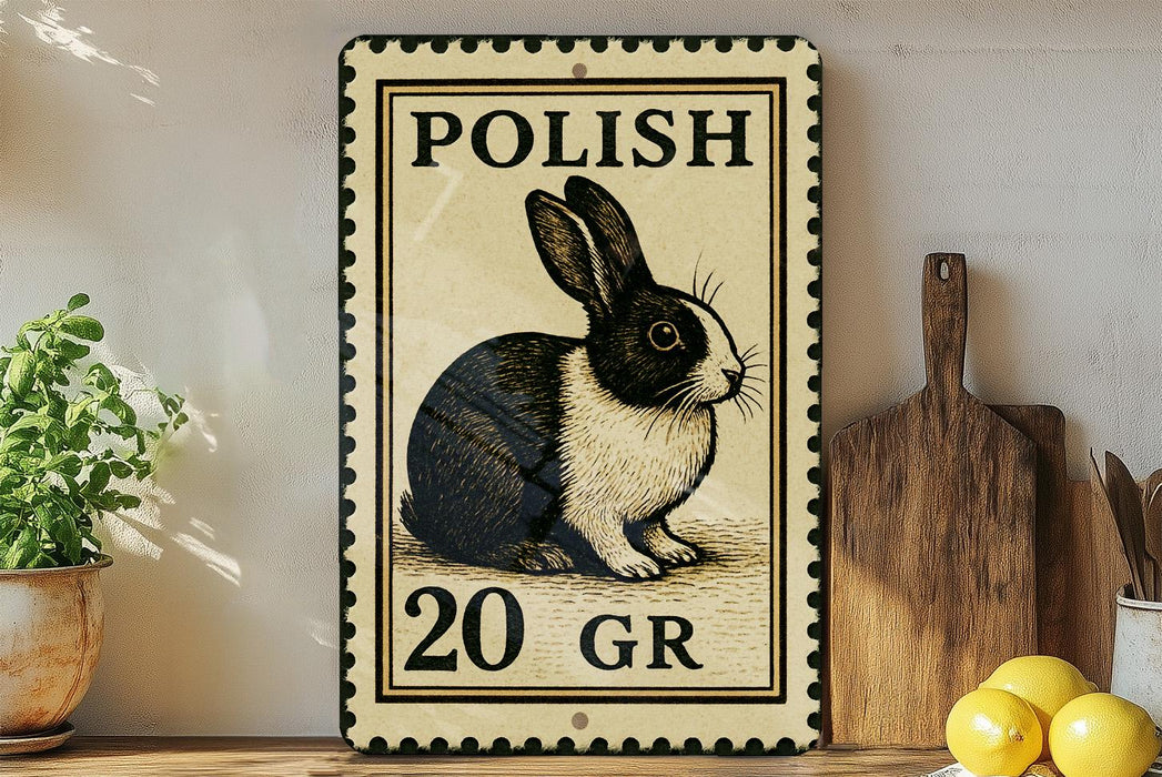 A decorative sign featuring a black and white rabbit, with the text "POLISH 20 GR" printed on it. The sign is placed on a wooden surface, with a potted plant and a wooden cutting board nearby.