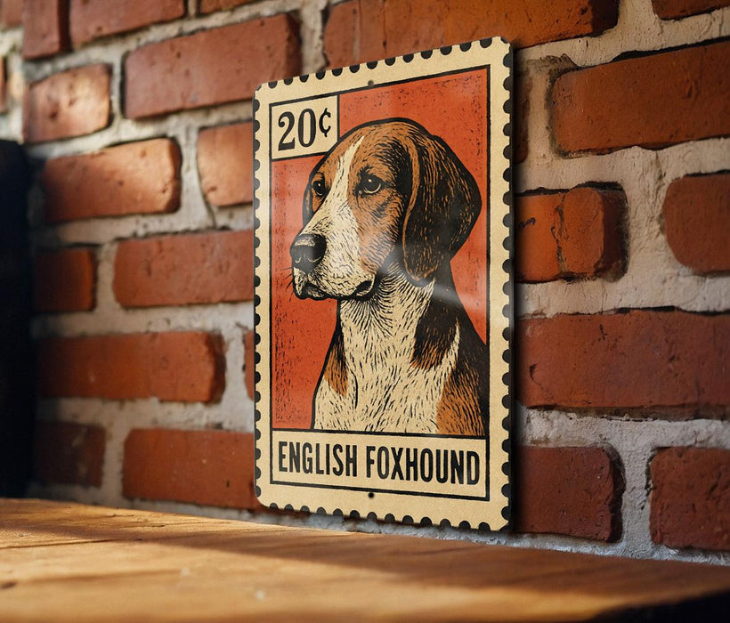 A metal sign featuring an illustration of a beagle dog, with the text "English Foxhound" below it, mounted on a brick wall.