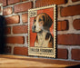 A metal sign featuring an illustration of a beagle dog, with the text "English Foxhound" below it, mounted on a brick wall.