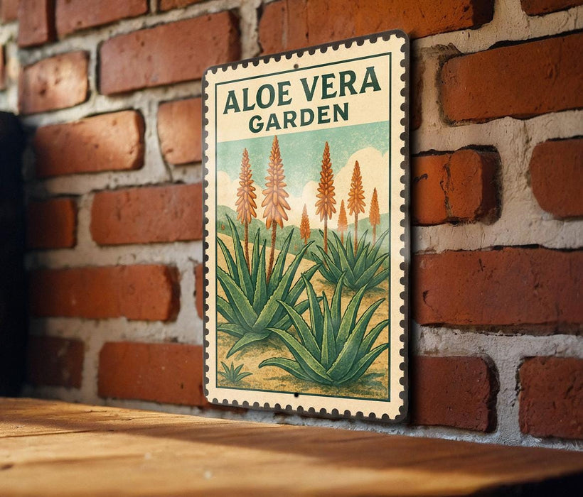 A vintage-style metal sign with the text "ALOE VERA GARDEN" is displayed on a brick wall, featuring an illustration of aloe vera plants.