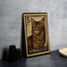 A wooden frame with a cat illustration on it, which appears to be a stamp or postcard design.