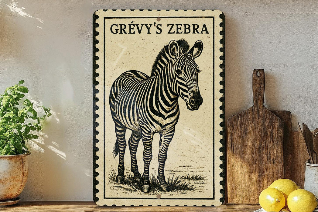 a framed illustration of a zebra, with a wooden cutting board and a potted plant in the background.