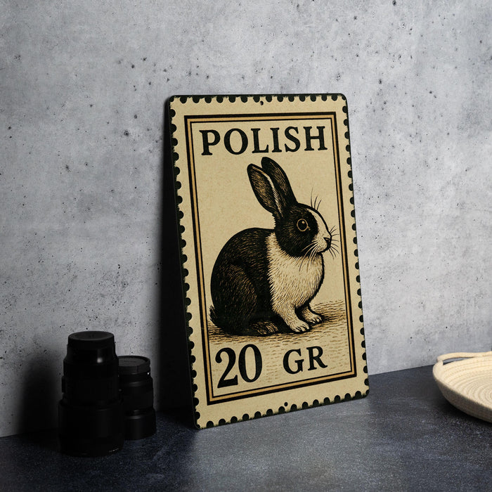 A metal sign with a rabbit illustration and the text "POLISH 20 GR" is displayed on a table.