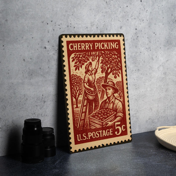 A vintage U.S. postage stamp depicting a cherry picking scene, with a woman picking cherries and a man holding a basket of cherries.