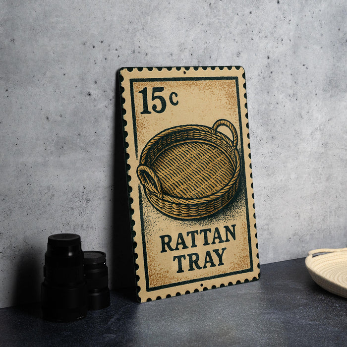 A metal sign with a wicker tray on it, placed on a countertop next to some black camera lenses.