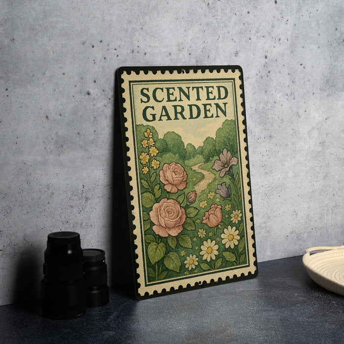 a decorative metal sign with a floral design, placed on a table next to some black camera lenses.