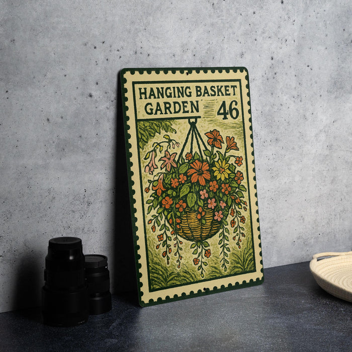 A metal sign with a floral design and the number 46, likely representing the "Hanging Basket Garden" location.