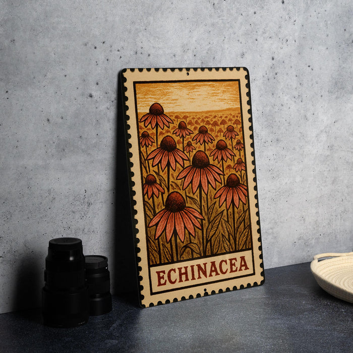 A metal sign with a floral design and the text "ECHINACEA" is displayed on a table, accompanied by a stack of black camera lenses and a white dish.