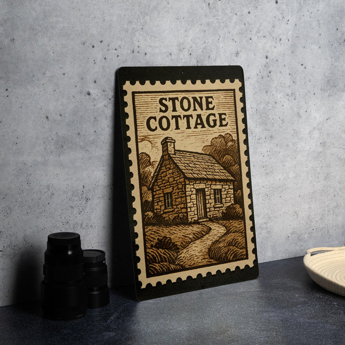 a framed illustration of a stone cottage, with a black border and a black and white design.