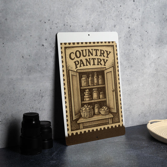 a sign for a "Country Pantry" with an illustration of a pantry door and shelves filled with various food items.