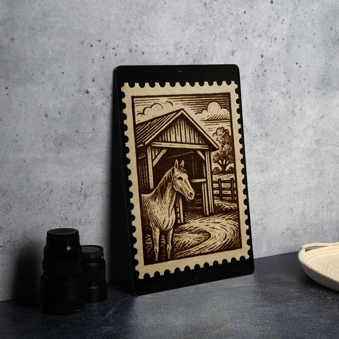 a framed illustration of a horse standing in front of a barn, with a wooden structure and a tree in the background.
