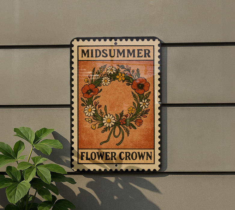 A vintage-style metal sign with a floral wreath design hangs on a gray wall, accompanied by a small green plant to the left.