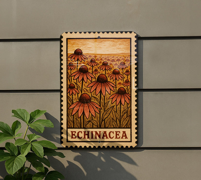 A framed image of a field of flowers, specifically echinacea, is displayed on a wall.