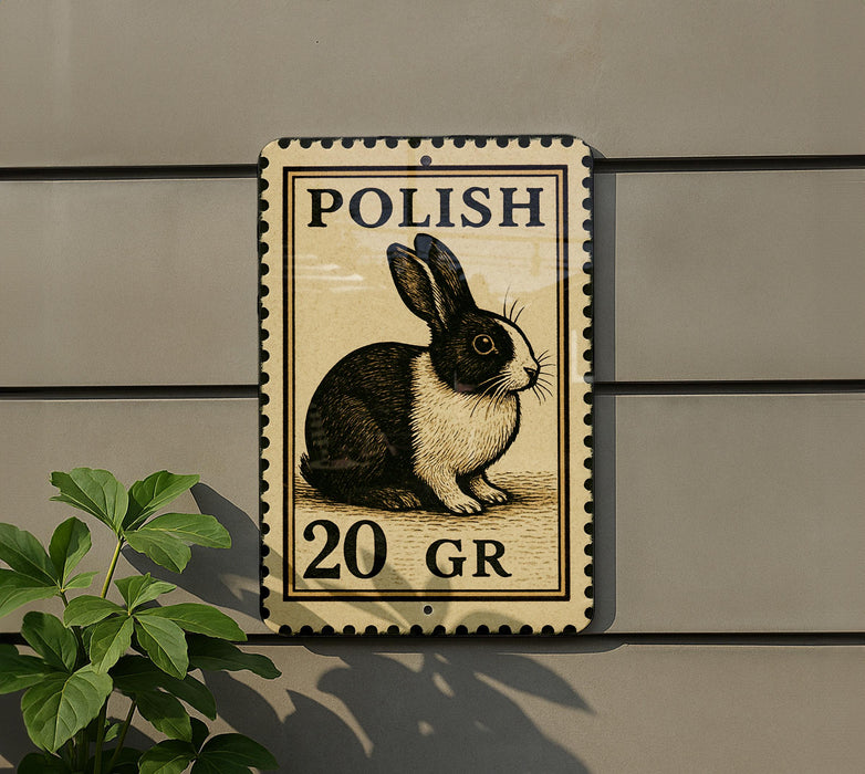 A metal sign with a black and white illustration of a rabbit, mounted on a wall.