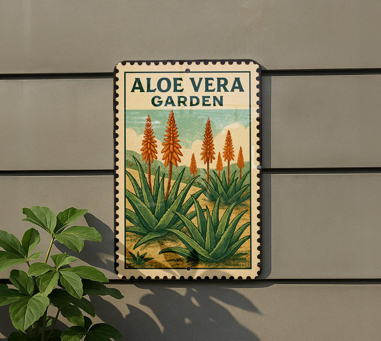 A metal sign with a vintage-style illustration of aloe vera plants, mounted on a wall.
