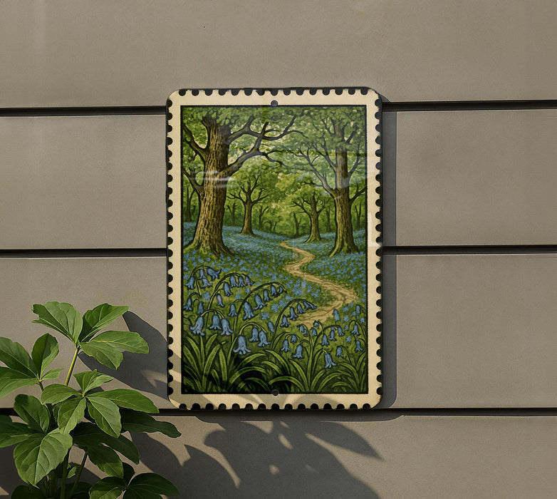 A framed painting depicting a lush forest scene with a winding path and bluebells in the foreground, hanging on a wall.
