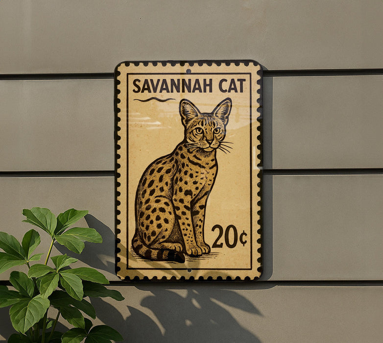A Savannah cat postage stamp is displayed on a wall, with a plant to the left.
