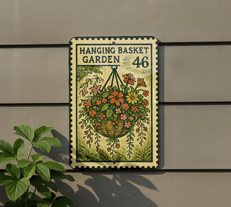 A hanging basket garden sign with the number 46 on it, hanging on a wall next to a plant.