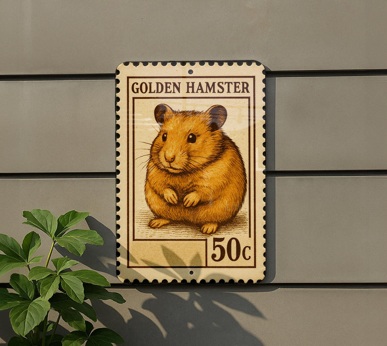 A postage stamp featuring a golden hamster, with the text "GOLDEN HAMSTER" and "50c" printed on it.