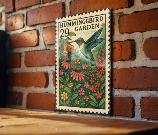 A wooden table with a framed stamp depicting a hummingbird in a garden, mounted on a brick wall.
