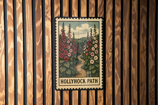 A framed illustration of a floral path, with the text "Hollyhock Path" below it, is displayed on a wooden wall.