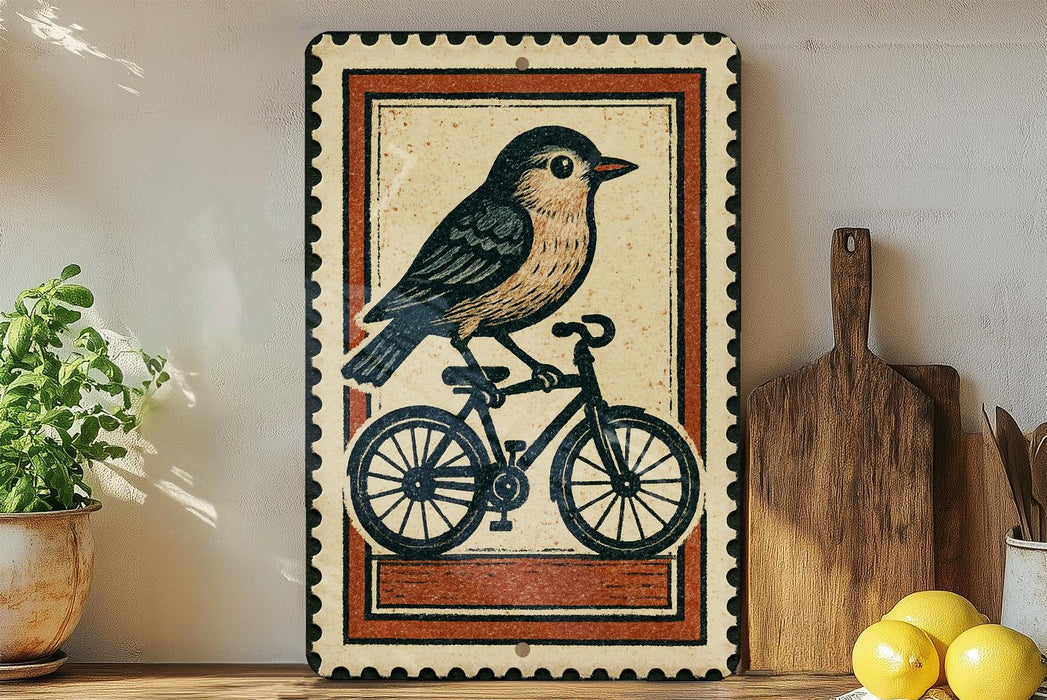 a decorative sign with a bird riding a bicycle, placed on a shelf next to a wooden cutting board and some lemons.