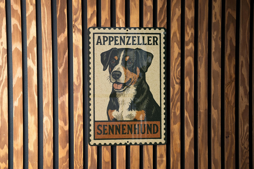 A metal sign with a picture of a dog, mounted on a wooden wall.