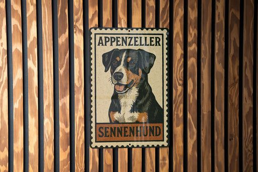 A metal sign with a picture of a dog, mounted on a wooden wall.
