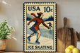 A vintage-style postage stamp featuring a woman ice skating, with the text "USA 10c" and "ICE SKATING" printed on it. The stamp is displayed on a shelf next to a wooden cutting board and a potted plant.